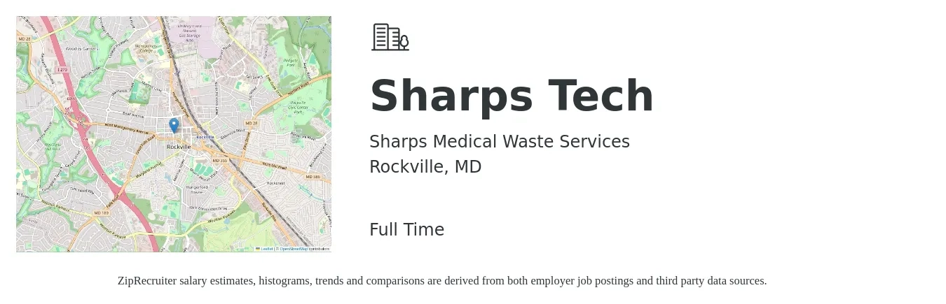 Sharps Medical Waste Services job posting for a Sharps Tech in Rockville, MD with a salary of $19 to $26 Hourly with a map of Rockville location.