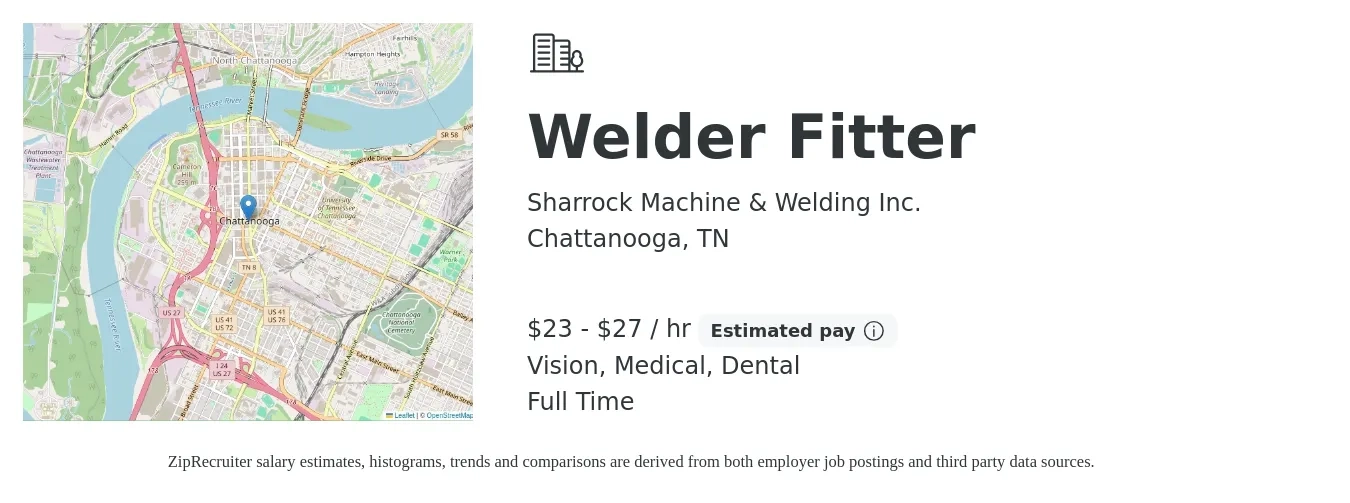 Sharrock Machine & Welding Inc. job posting for a Welder Fitter in Chattanooga, TN with a salary of $24 to $29 Hourly and benefits including vision, dental, medical, and retirement with a map of Chattanooga location.