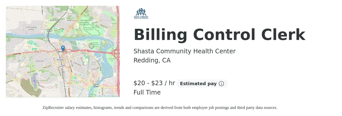 Shasta Community Health Center job posting for a Billing Control Clerk in Redding, CA with a salary of $21 to $25 Hourly with a map of Redding location.