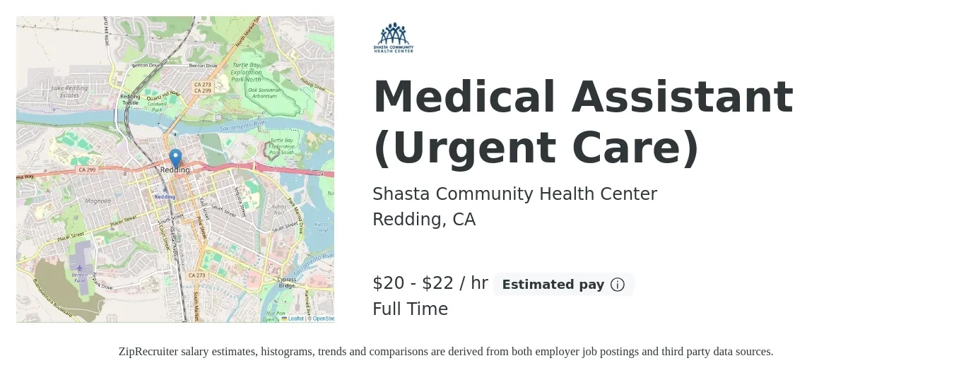 Shasta Community Health Center job posting for a Medical Assistant (Urgent Care) in Redding, CA with a salary of $21 to $23 Hourly with a map of Redding location.