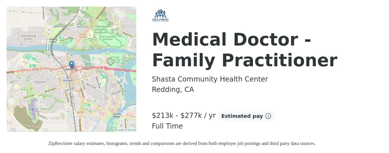 Shasta Community Health Center job posting for a Medical Doctor - Family Practitioner in Redding, CA with a salary of $213,302 to $277,047 Yearly with a map of Redding location.