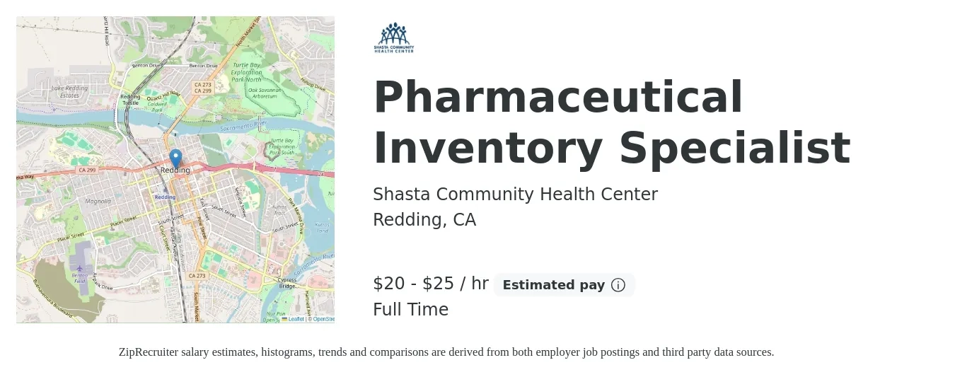 Shasta Community Health Center job posting for a Pharmaceutical Inventory Specialist in Redding, CA with a salary of $21 to $26 Hourly with a map of Redding location.