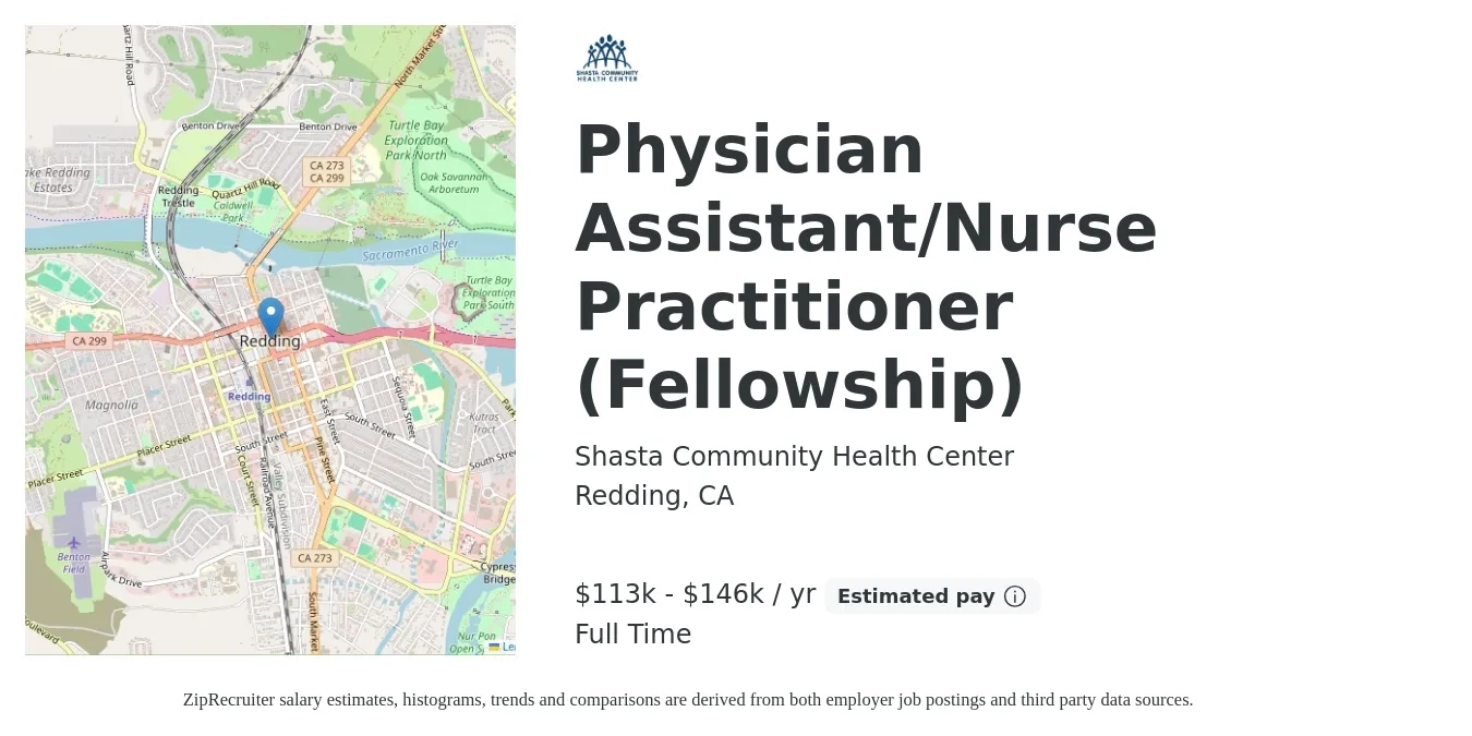 Shasta Community Health Center job posting for a Physician Assistant/Nurse Practitioner (Fellowship) in Redding, CA with a salary of $113,100 to $146,900 Yearly with a map of Redding location.