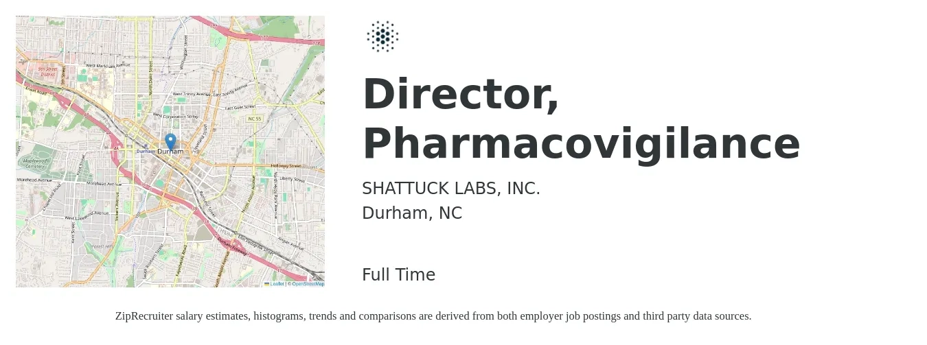 SHATTUCK LABS, INC. job posting for a Director, Pharmacovigilance in Durham, NC with a salary of $96,600 to $200,000 Yearly with a map of Durham location.