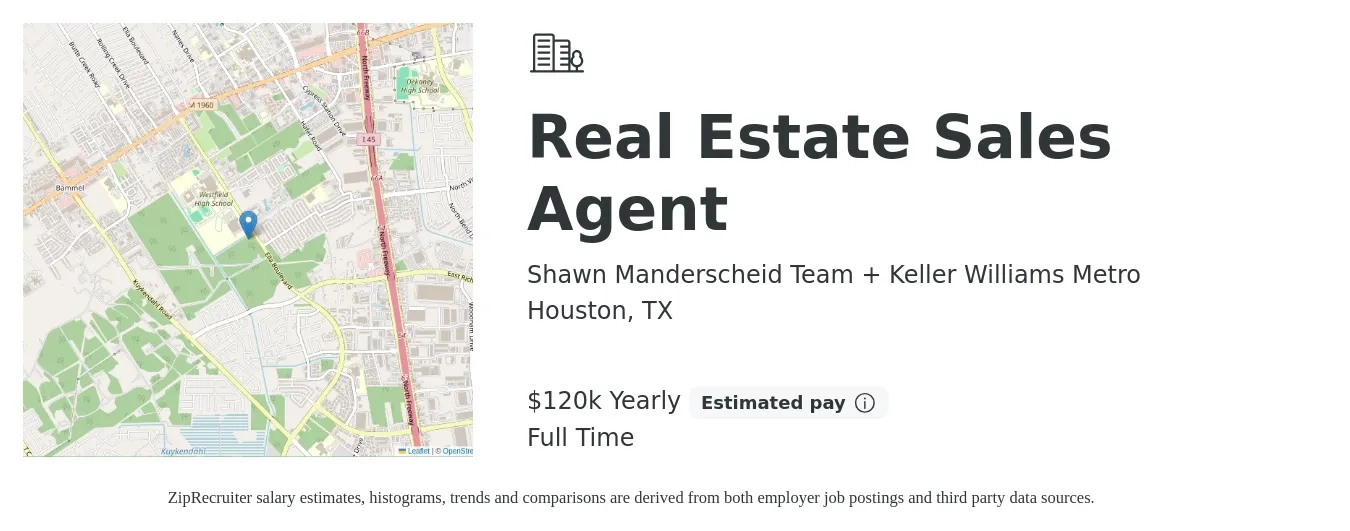 Shawn Manderscheid Team + Keller Williams Metro job posting for a Real Estate Sales Agent in Houston, TX with a salary of $120,000 Yearly with a map of Houston location.