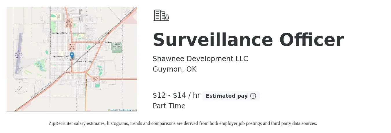 Shawnee Development LLC job posting for a Surveillance Officer in Guymon, OK with a salary of $13 to $15 Hourly with a map of Guymon location.
