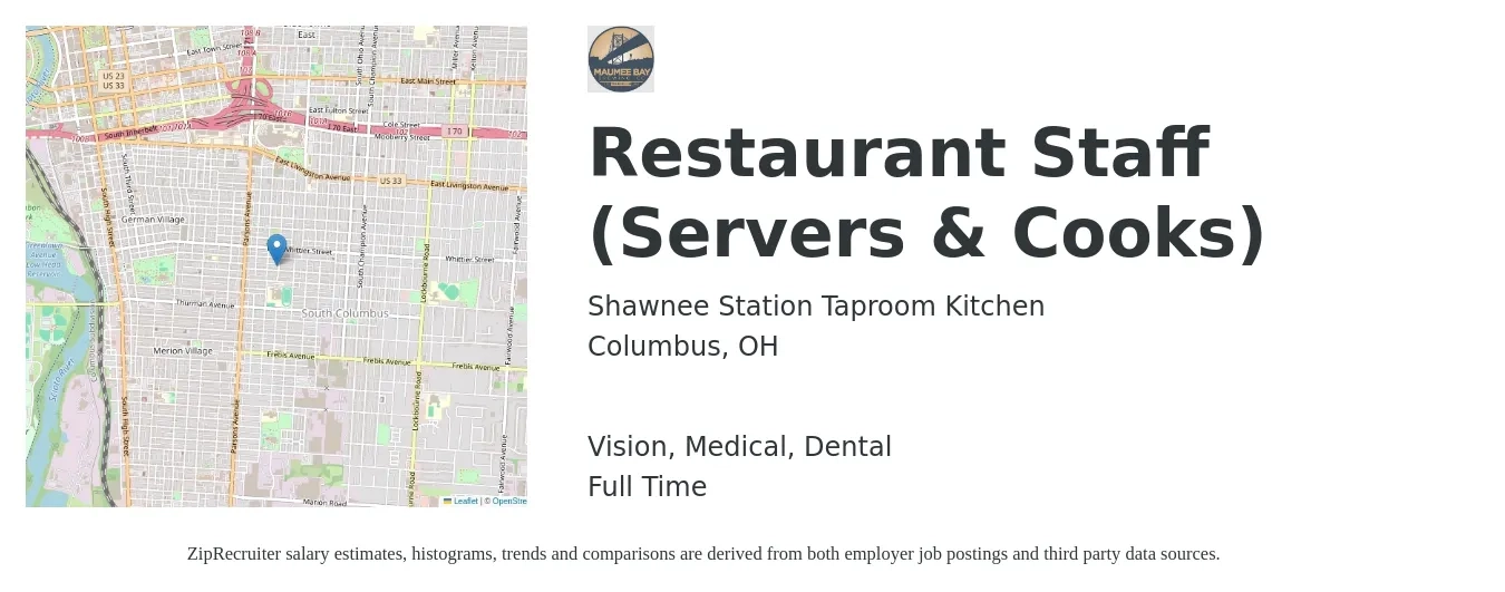 Shawnee Station Taproom Kitchen job posting for a Restaurant Staff (Servers & Cooks) in Columbus, OH with a salary of $14 to $18 Hourly and benefits including dental, life_insurance, medical, pto, retirement, and vision with a map of Columbus location.