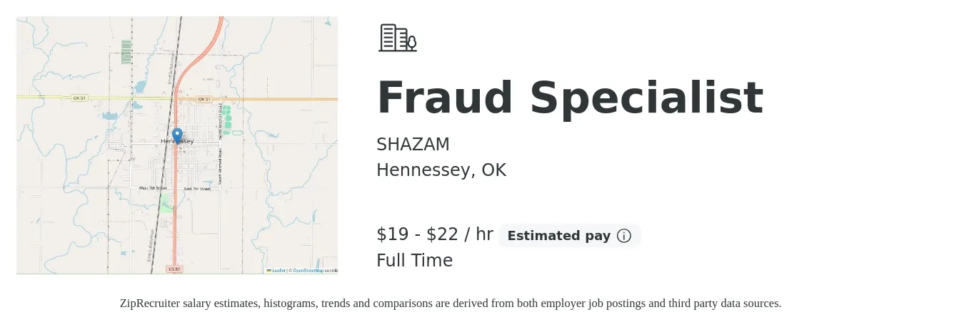 SHAZAM job posting for a Fraud Specialist in Hennessey, OK with a salary of $20 to $23 Hourly with a map of Hennessey location.