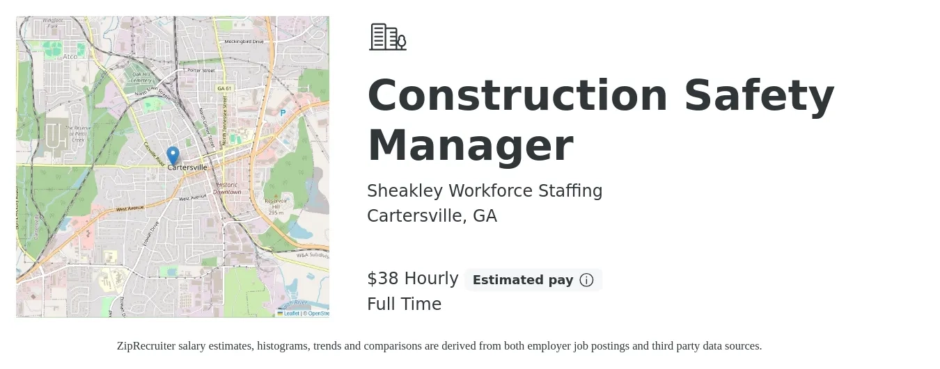 Sheakley Workforce Staffing job posting for a Construction Safety Manager in Cartersville, GA with a salary of $40 Hourly with a map of Cartersville location.