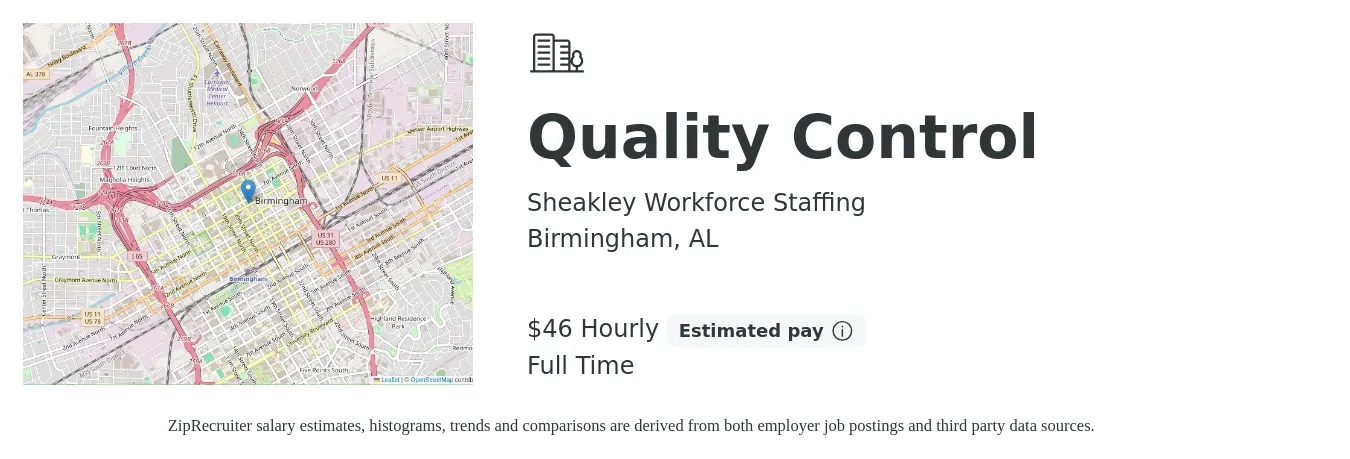 Sheakley Workforce Staffing job posting for a Quality Control in Birmingham, AL with a salary of $48 Hourly with a map of Birmingham location.