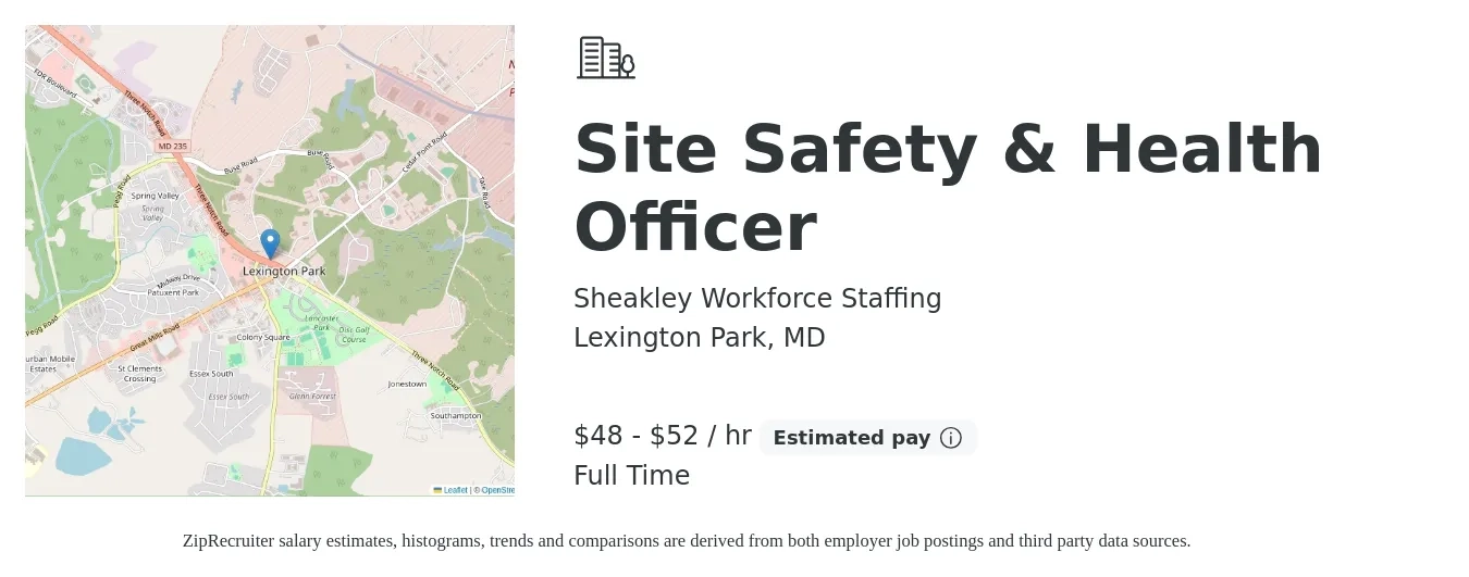Sheakley Workforce Staffing job posting for a Site Safety & Health Officer in Lexington Park, MD with a salary of $50 to $55 Hourly with a map of Lexington Park location.