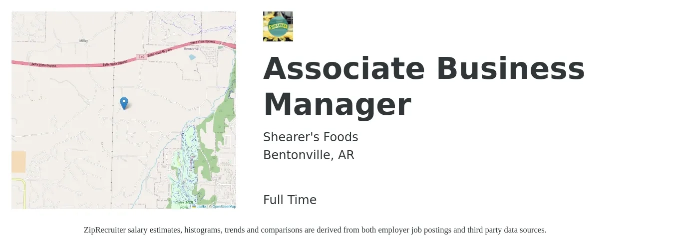 Shearer's Foods job posting for a Associate Business Manager in Bentonville, AR with a salary of $22 to $39 Hourly with a map of Bentonville location.