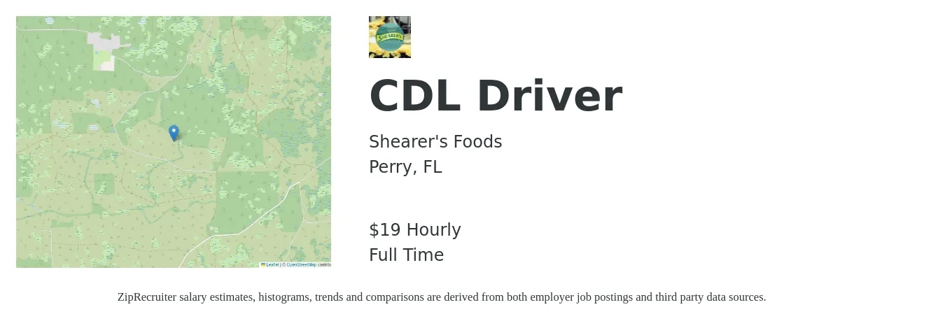 Shearer's Foods job posting for a CDL Driver in Perry, FL with a salary of $20 Hourly with a map of Perry location.