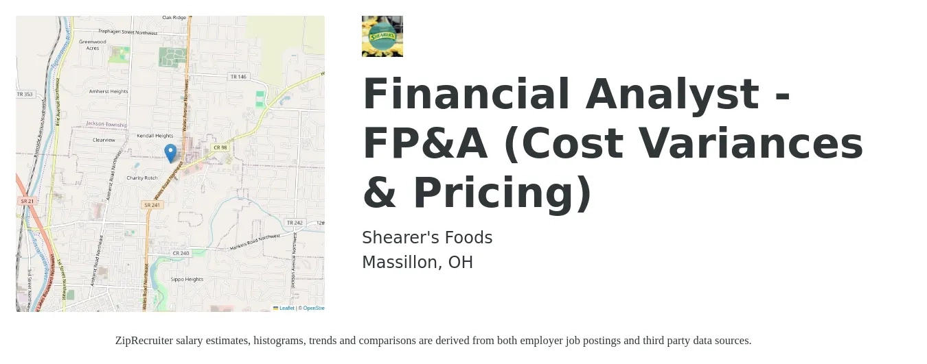 Shearer's Foods job posting for a Financial Analyst - FP&A (Cost Variances & Pricing) in Massillon, OH with a salary of $64,000 to $101,000 Yearly with a map of Massillon location.