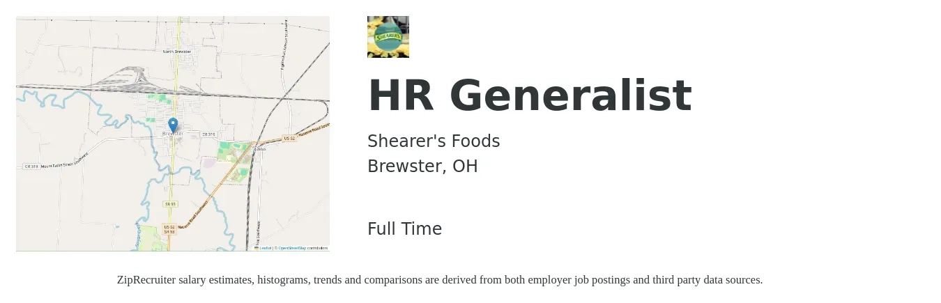 Shearer's Foods job posting for a HR Generalist in Brewster, OH with a salary of $47,200 to $67,200 Yearly with a map of Brewster location.