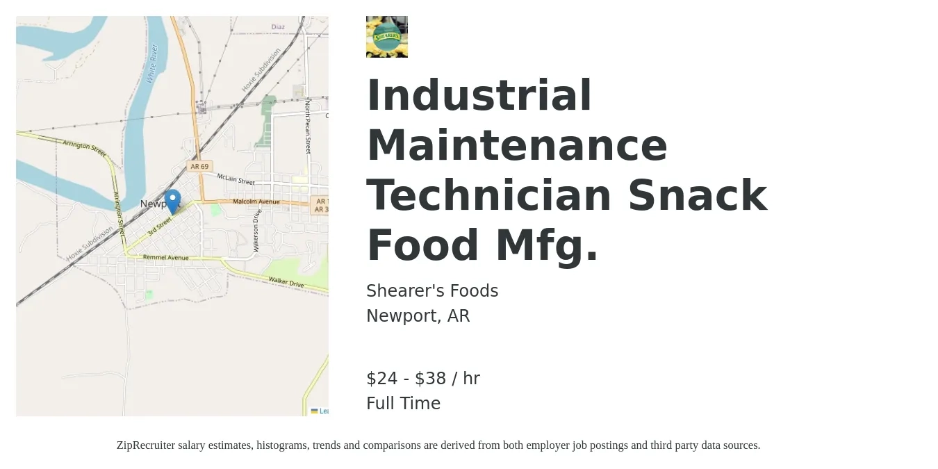 Shearer's Foods job posting for a Industrial Maintenance Technician Snack Food Mfg. in Newport, AR with a salary of $25 to $40 Hourly with a map of Newport location.