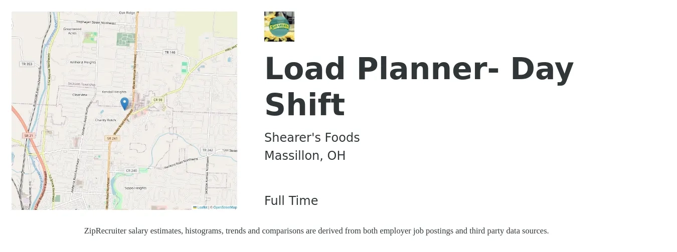 Shearer's Foods job posting for a Load Planner- Day Shift in Massillon, OH with a salary of $24 to $33 Hourly with a map of Massillon location.