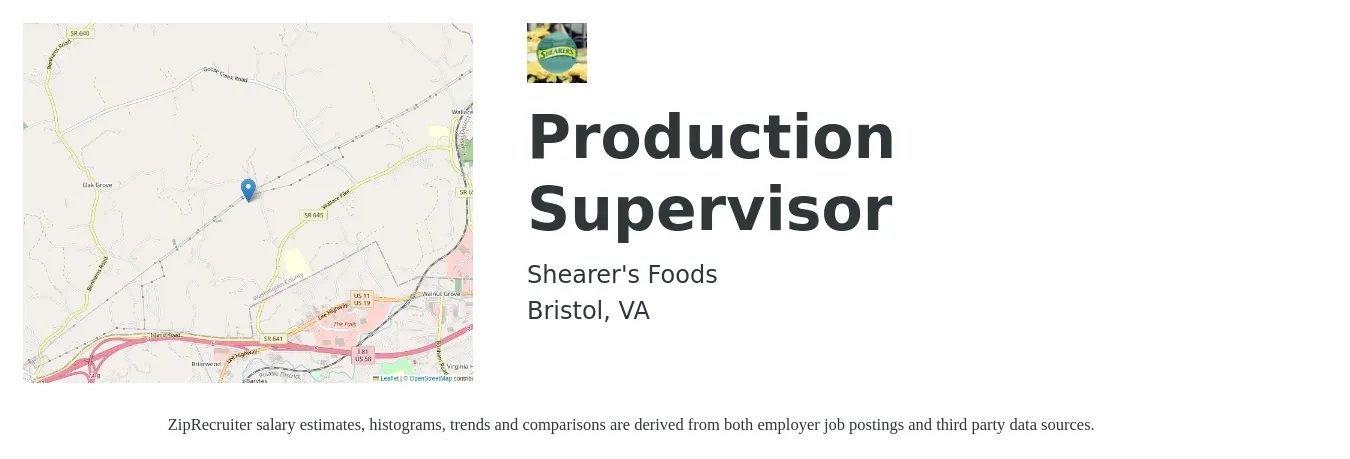 Shearer's Foods job posting for a Production Supervisor in Bristol, VA with a salary of $54,400 to $78,200 Yearly with a map of Bristol location.