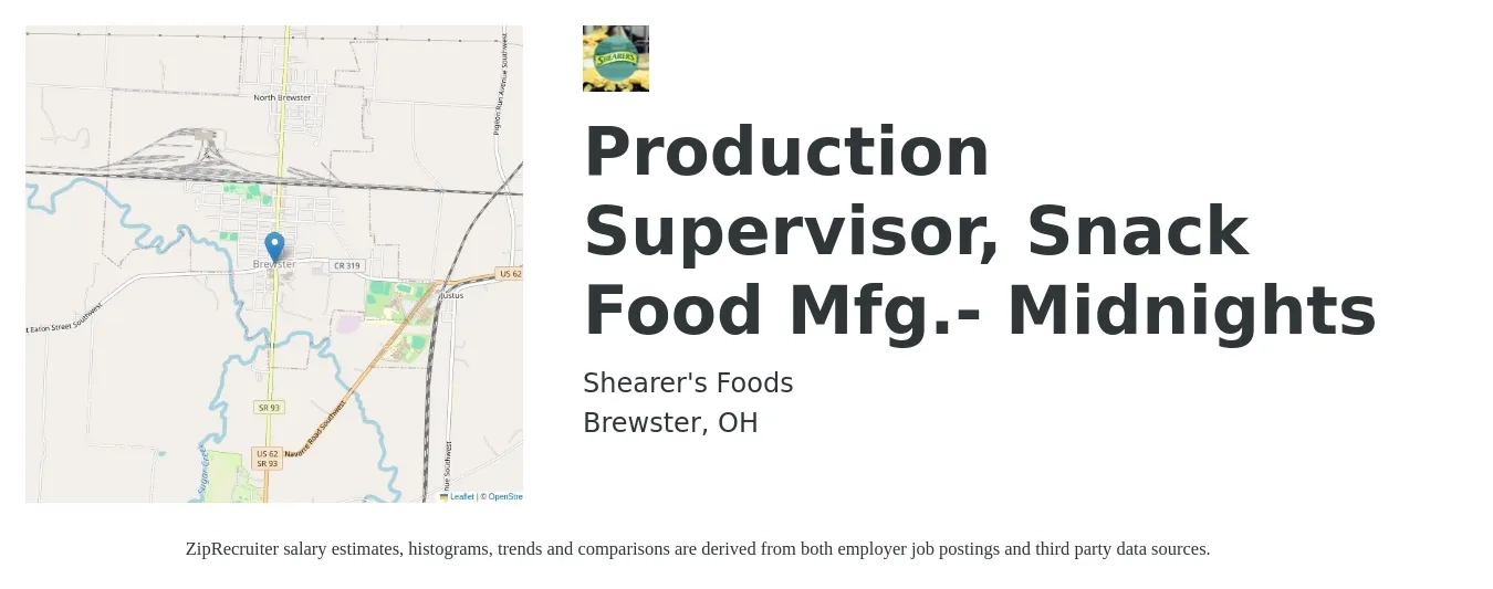 Shearer's Foods job posting for a Production Supervisor, Snack Food Mfg.- Midnights in Brewster, OH with a salary of $50,900 to $73,100 Yearly with a map of Brewster location.