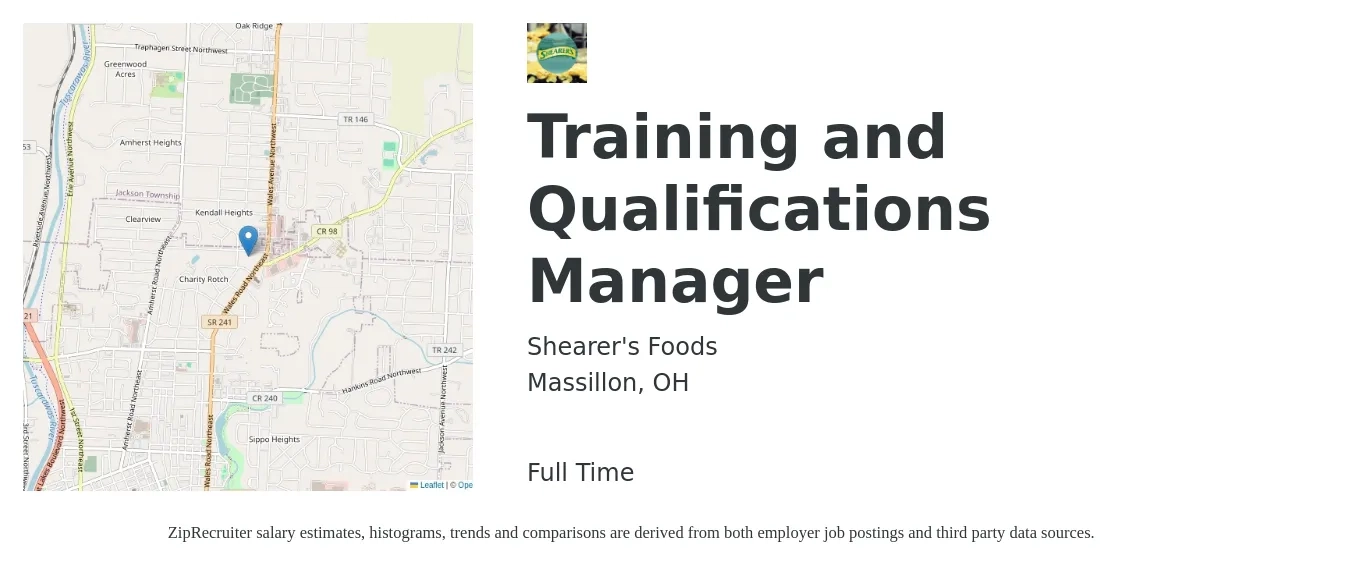 Shearer's Foods job posting for a Training and Qualifications Manager in Massillon, OH with a salary of $32,000 to $51,800 Yearly with a map of Massillon location.