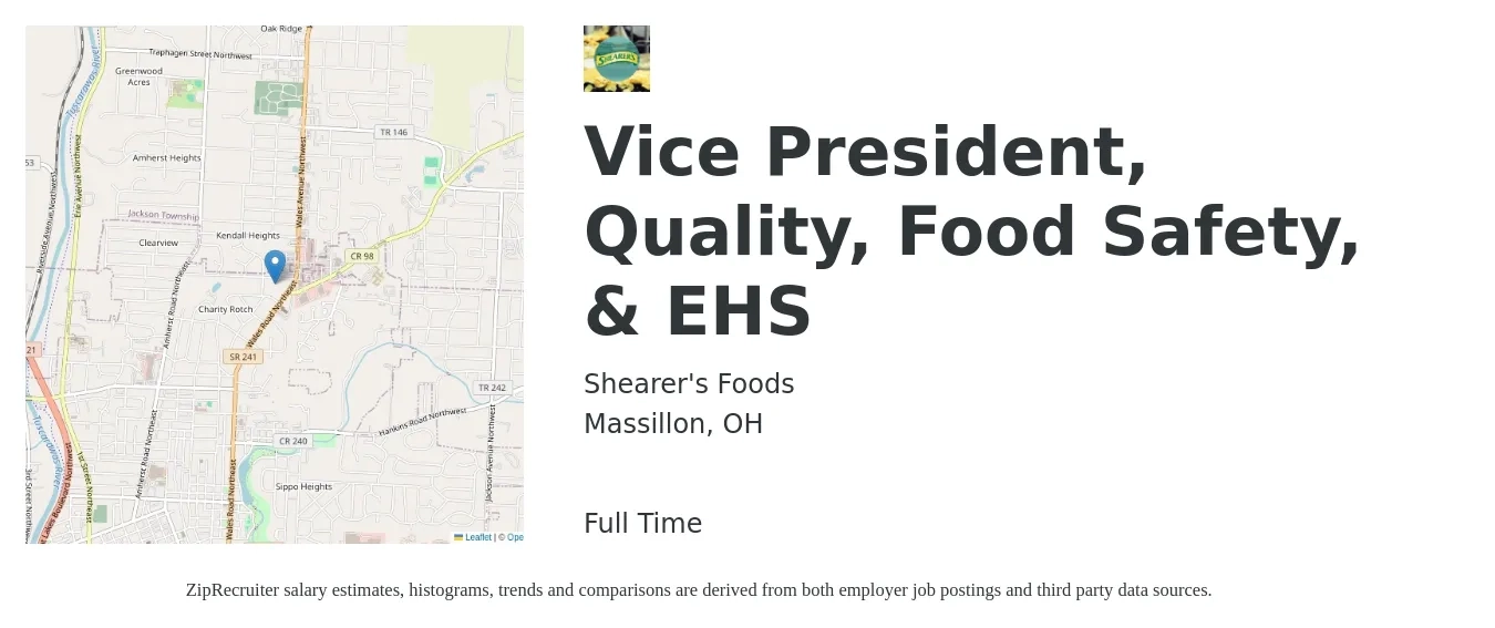 Shearer's Foods job posting for a Vice President, Quality, Food Safety, & EHS in Massillon, OH with a salary of $98,200 to $144,200 Yearly with a map of Massillon location.