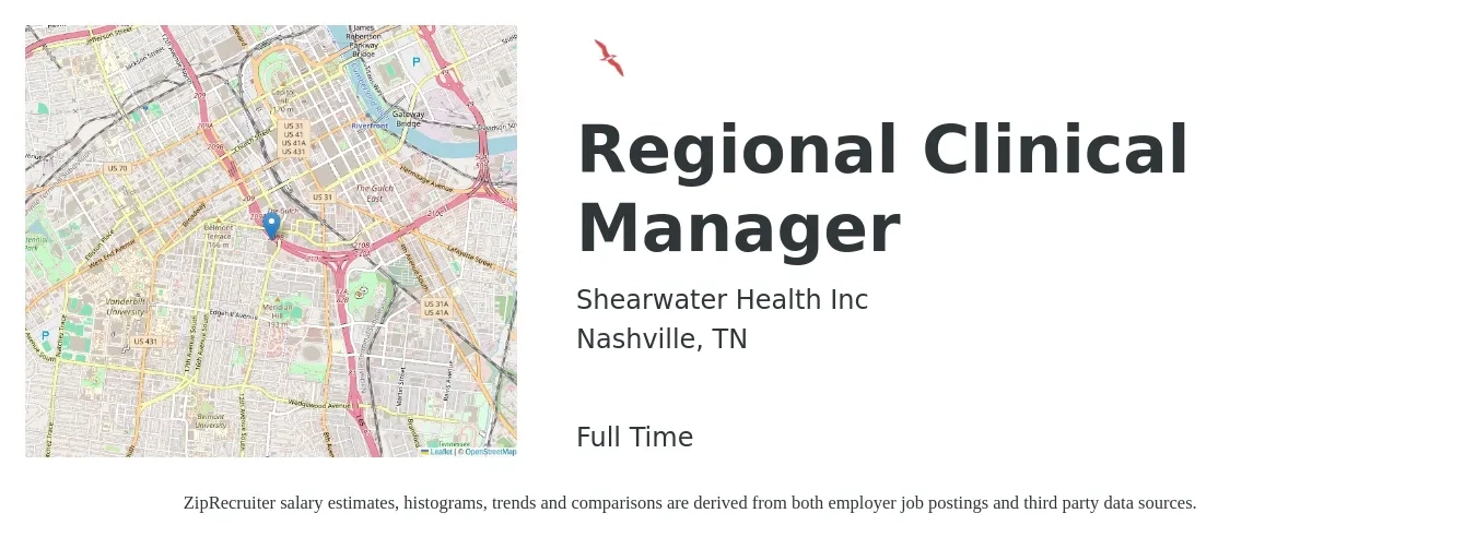 Shearwater Health Inc job posting for a Regional Clinical Manager in Nashville, TN with a salary of $68,600 to $101,000 Yearly with a map of Nashville location.