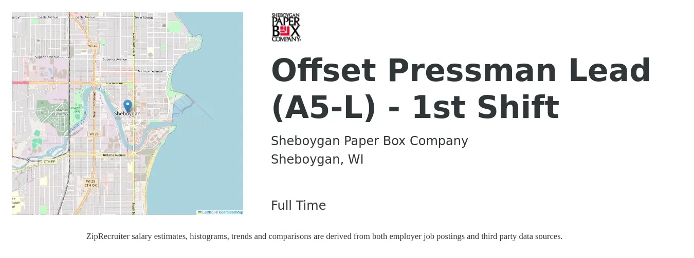 Sheboygan Paper Box Company job posting for a Offset Pressman Lead (A5-L) - 1st Shift in Sheboygan, WI with a salary of $57,720 Yearly with a map of Sheboygan location.
