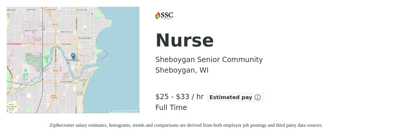 Sheboygan Senior Community job posting for a Nurse in Sheboygan, WI with a salary of $27 to $35 Hourly with a map of Sheboygan location.