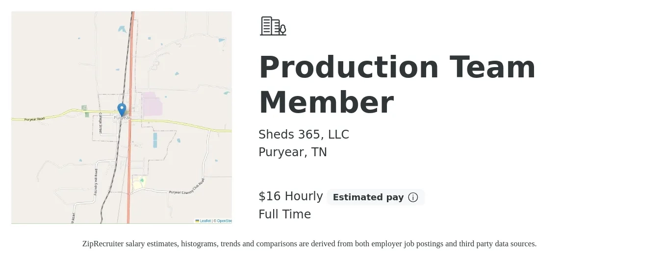Sheds 365, LLC job posting for a Production Team Member in Puryear, TN with a salary of $16 Hourly with a map of Puryear location.