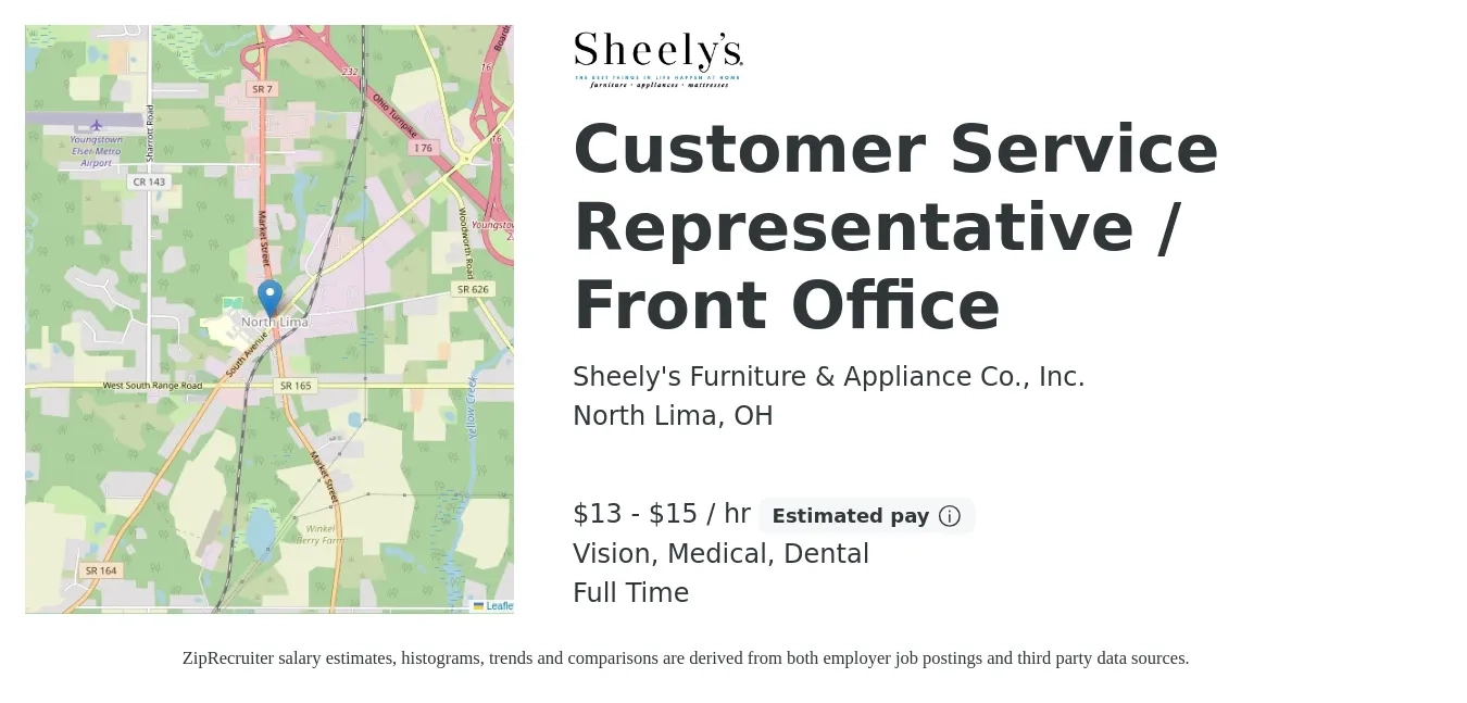 Sheely's Furniture & Appliance Co., Inc. job posting for a Customer Service Representative / Front Office in North Lima, OH with a salary of $14 Hourly and benefits including retirement, vision, dental, life_insurance, medical, and pto with a map of North Lima location.