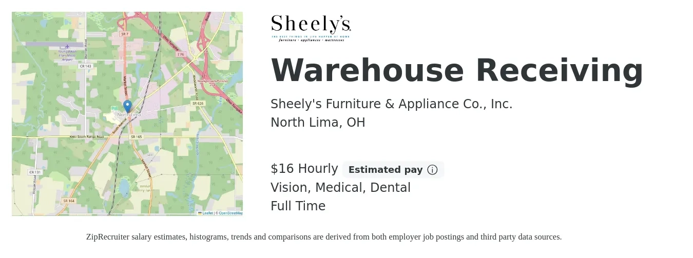 Sheely's Furniture & Appliance Co., Inc. job posting for a Warehouse Receiving in North Lima, OH with a salary of $17 Hourly and benefits including dental, life_insurance, medical, pto, retirement, and vision with a map of North Lima location.