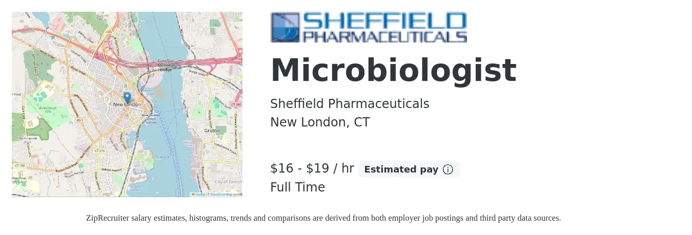 Sheffield Pharmaceuticals job posting for a Microbiologist in New London, CT with a salary of $17 to $20 Hourly with a map of New London location.