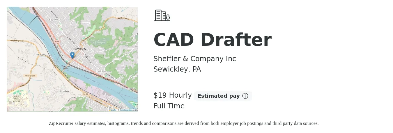 Sheffler & Company Inc job posting for a CAD Drafter in Sewickley, PA with a salary of $20 Hourly with a map of Sewickley location.