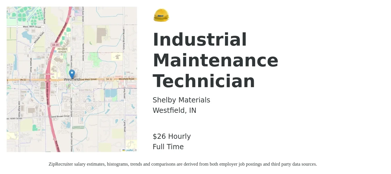 Shelby Materials job posting for a Industrial Maintenance Technician in Westfield, IN with a salary of $28 Hourly with a map of Westfield location.