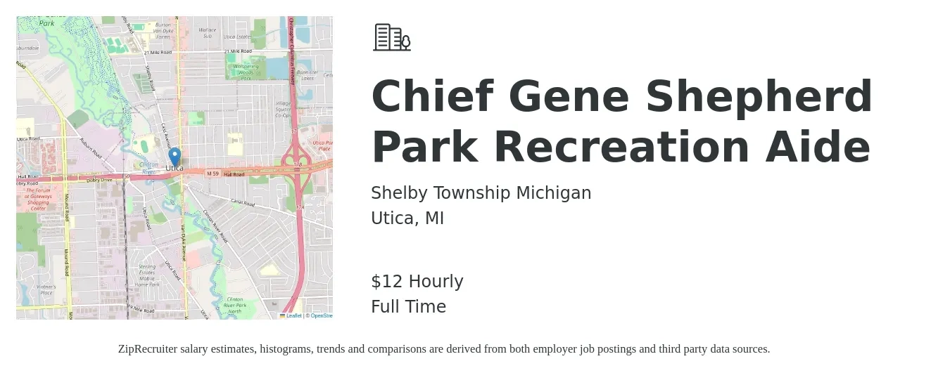 Shelby Township Michigan job posting for a Chief Gene Shepherd Park Recreation Aide in Utica, MI with a salary of $13 Hourly with a map of Utica location.