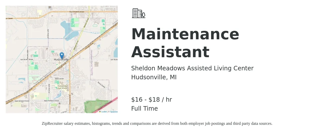 Sheldon Meadows Assisted Living Center job posting for a Maintenance Assistant in Hudsonville, MI with a salary of $17 to $19 Hourly with a map of Hudsonville location.