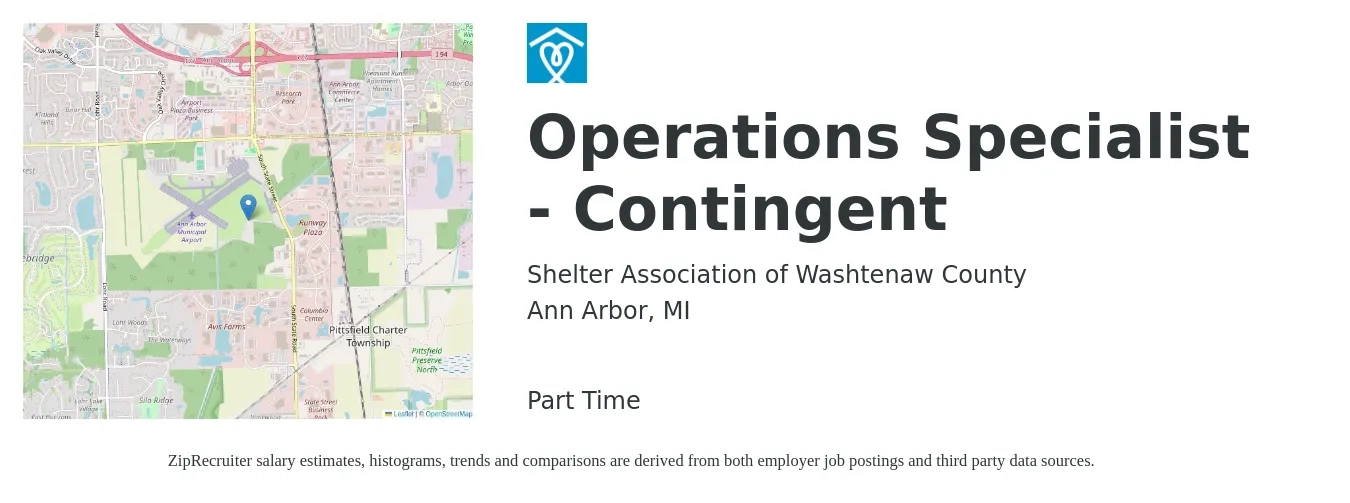 Shelter Association of Washtenaw County job posting for a Operations Specialist - Contingent in Ann Arbor, MI with a salary of $40,100 to $65,500 Yearly with a map of Ann Arbor location.