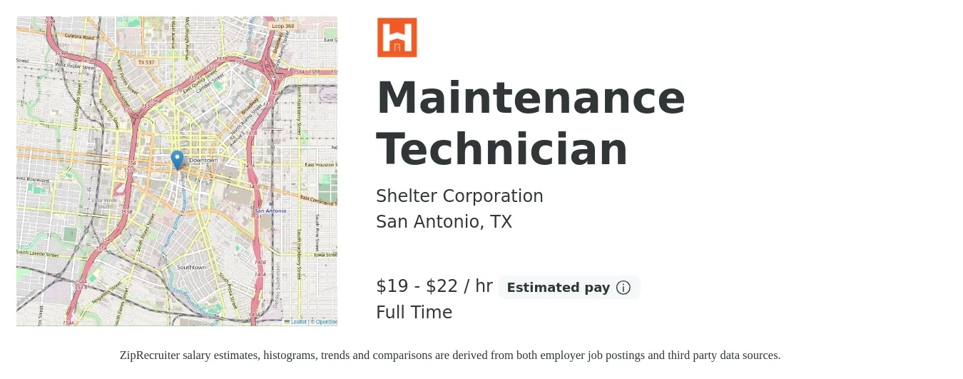 Shelter Corporation job posting for a Maintenance Technician in San Antonio, TX with a salary of $17 to $24 Hourly with a map of San Antonio location.