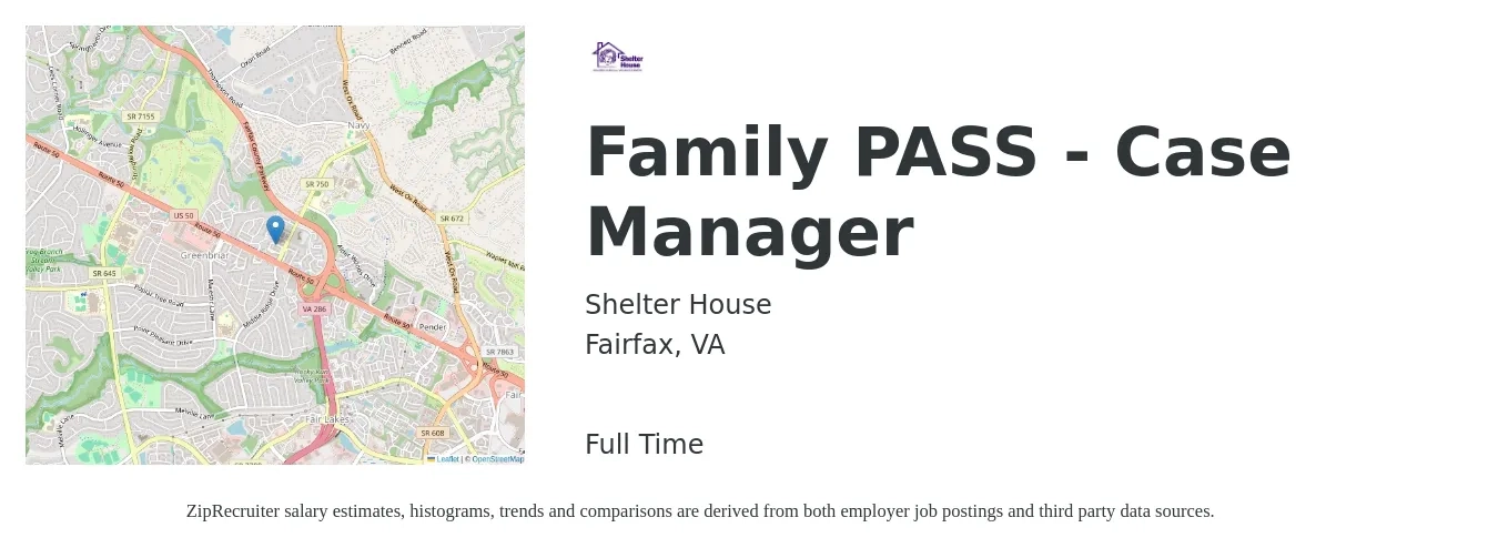 Shelter House job posting for a Family PASS - Case Manager in Fairfax, VA with a salary of $52 Hourly with a map of Fairfax location.
