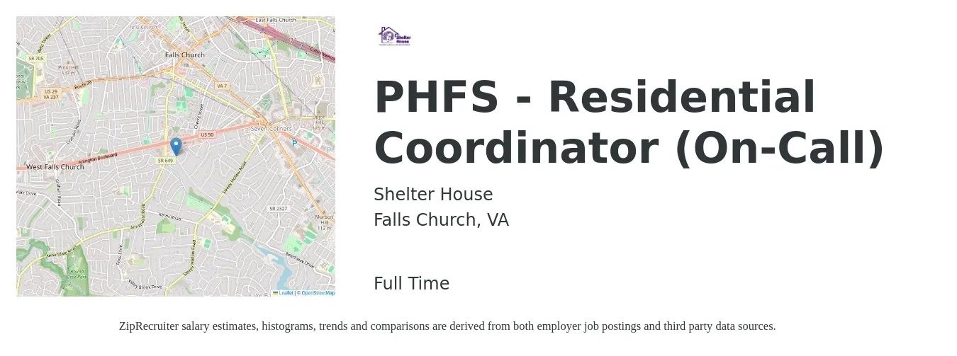 Shelter House job posting for a PHFS - Residential Coordinator (On-Call) in Falls Church, VA with a salary of $20 Hourly with a map of Falls Church location.