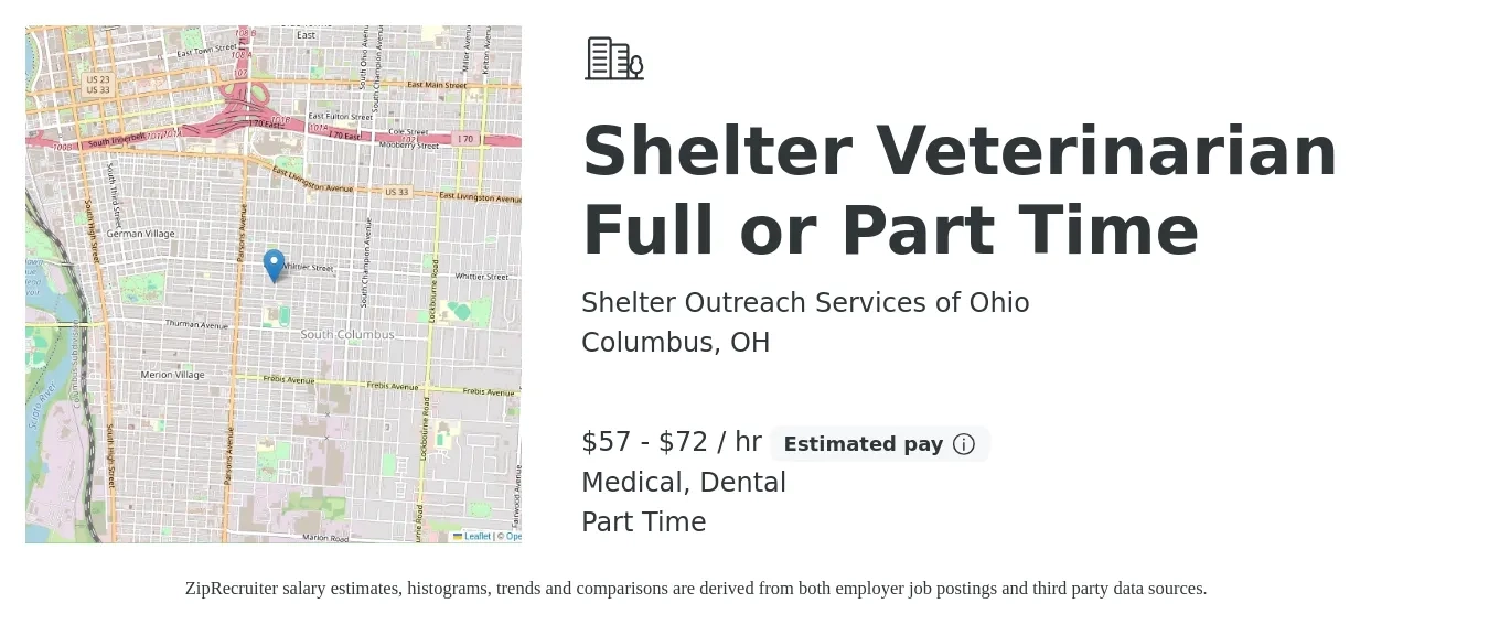 Shelter Outreach Services of Ohio job posting for a Shelter Veterinarian Full or Part Time in Columbus, OH with a salary of $60 to $75 Hourly and benefits including dental, medical, and retirement with a map of Columbus location.