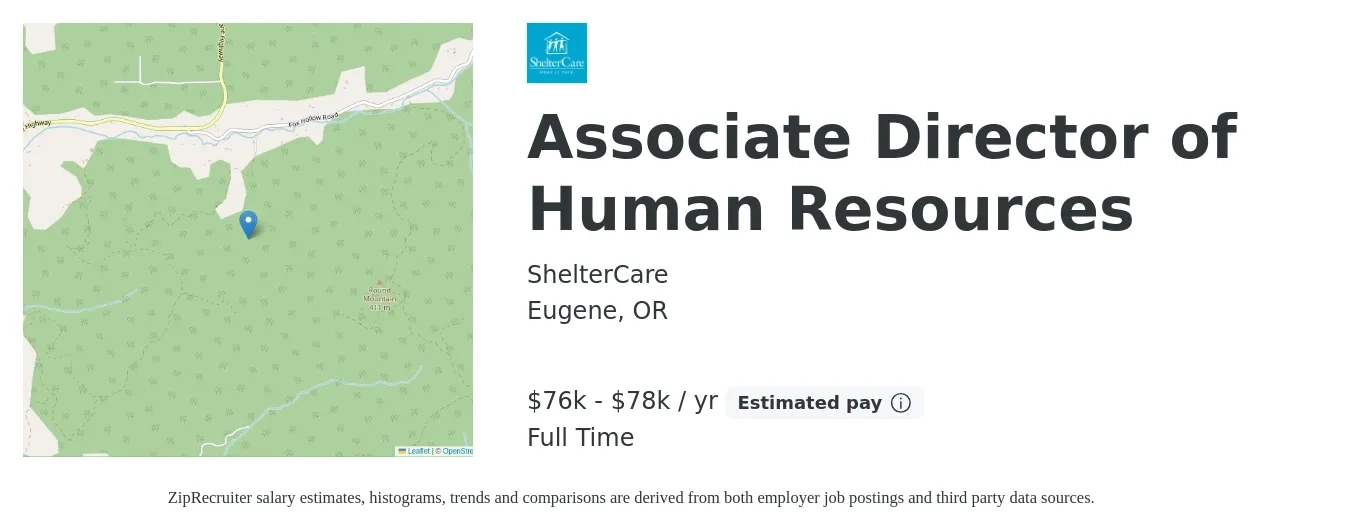 ShelterCare job posting for a Associate Director of Human Resources in Eugene, OR with a salary of $76,703 to $78,500 Yearly with a map of Eugene location.