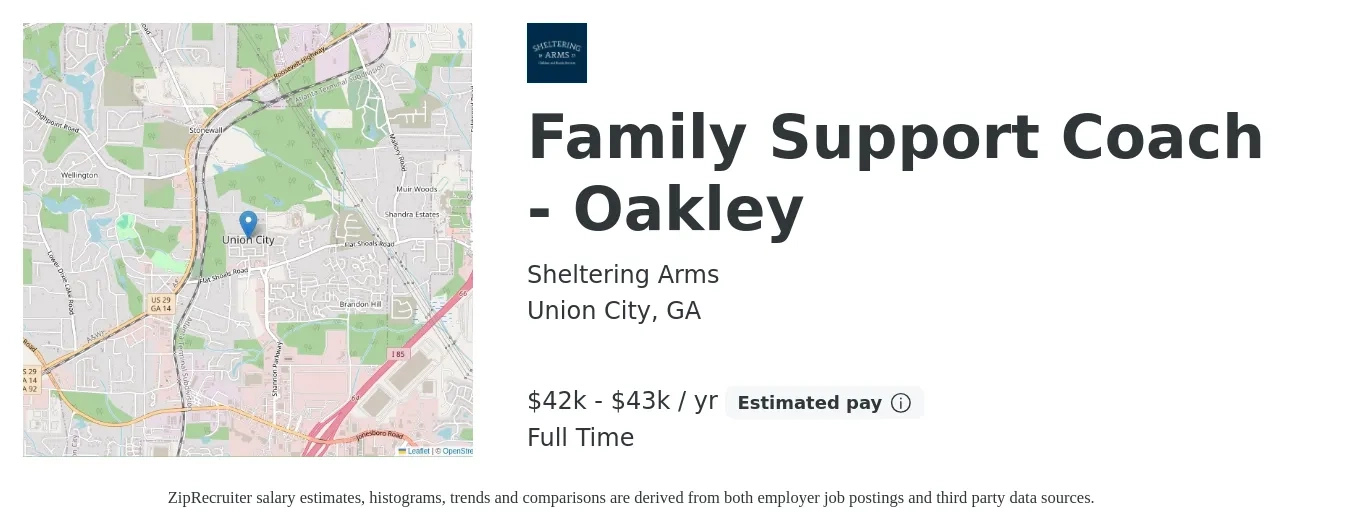 Sheltering Arms job posting for a Family Support Coach - Oakley in Union City, GA with a salary of $42,000 to $43,000 Yearly with a map of Union City location.