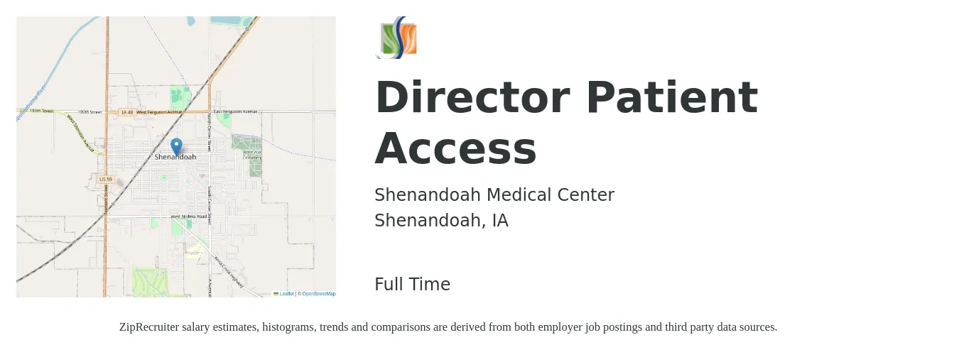 Shenandoah Medical Center job posting for a Director Patient Access in Shenandoah, IA with a salary of $99,500 to $128,700 Yearly with a map of Shenandoah location.