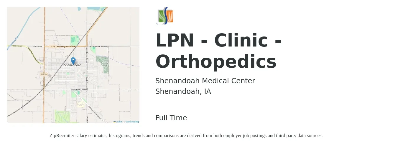 Shenandoah Medical Center job posting for a LPN - Clinic - Orthopedics in Shenandoah, IA with a salary of $26 to $35 Hourly with a map of Shenandoah location.