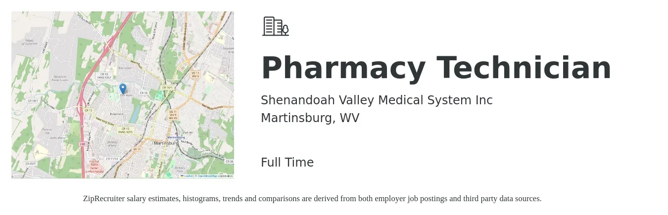 Shenandoah Valley Medical System Inc job posting for a Pharmacy Technician in Martinsburg, WV with a salary of $18 to $22 Hourly with a map of Martinsburg location.