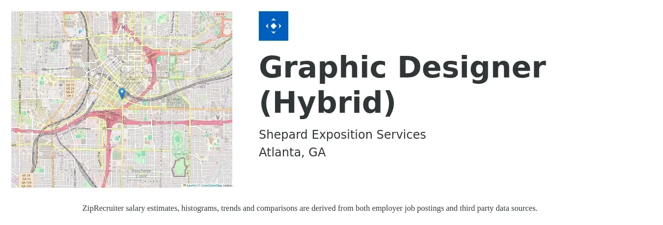 Shepard Exposition Services job posting for a Graphic Designer (Hybrid) in Atlanta, GA with a salary of $20 to $31 Hourly with a map of Atlanta location.