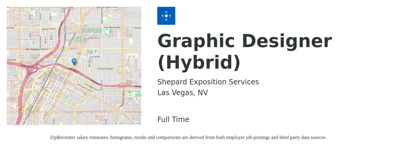 Shepard Exposition Services job posting for a Graphic Designer (Hybrid) in Las Vegas, NV with a salary of $20 to $31 Hourly with a map of Las Vegas location.