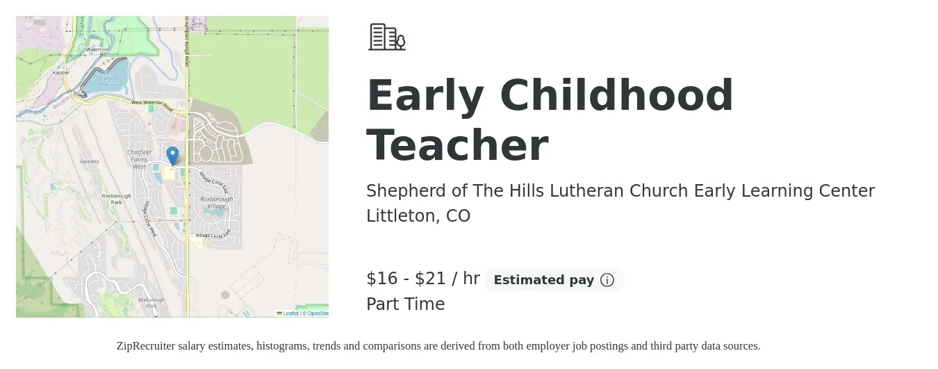 Shepherd of The Hills Lutheran Church Early Learning Center job posting for a Early Childhood Teacher in Littleton, CO with a salary of $18 to $22 Hourly with a map of Littleton location.