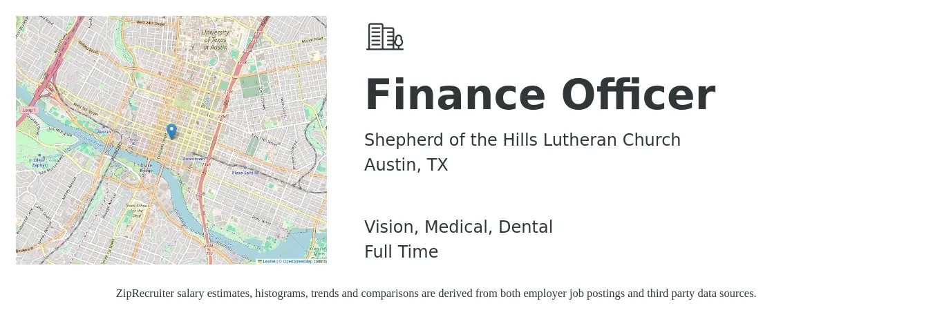Shepherd of the Hills Lutheran Church job posting for a Finance Officer in Austin, TX with a salary of $139,800 to $396,500 Yearly and benefits including vision, dental, life_insurance, medical, pto, and retirement with a map of Austin location.
